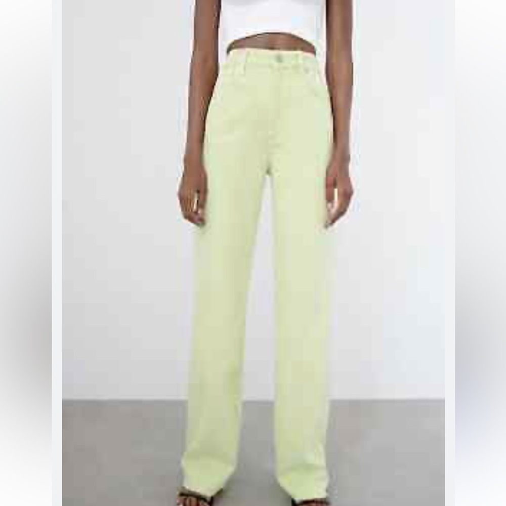 50%offw❤️ Zara high rise modal wide leg lime green jeans pants m 57
